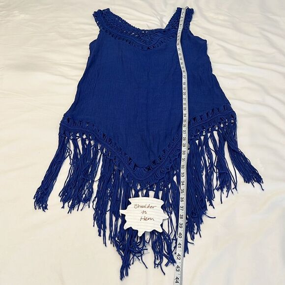 Hotouch szXL blue crocheted trim swimsuit coverup w/fringe around the bottom EUC - Picture 8 of 8